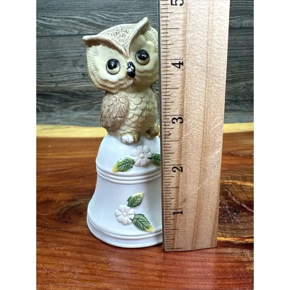 Vintage Owl Bell Ceramic‎ Horned Pink Flowers Taiwan Big Eyes 5ins